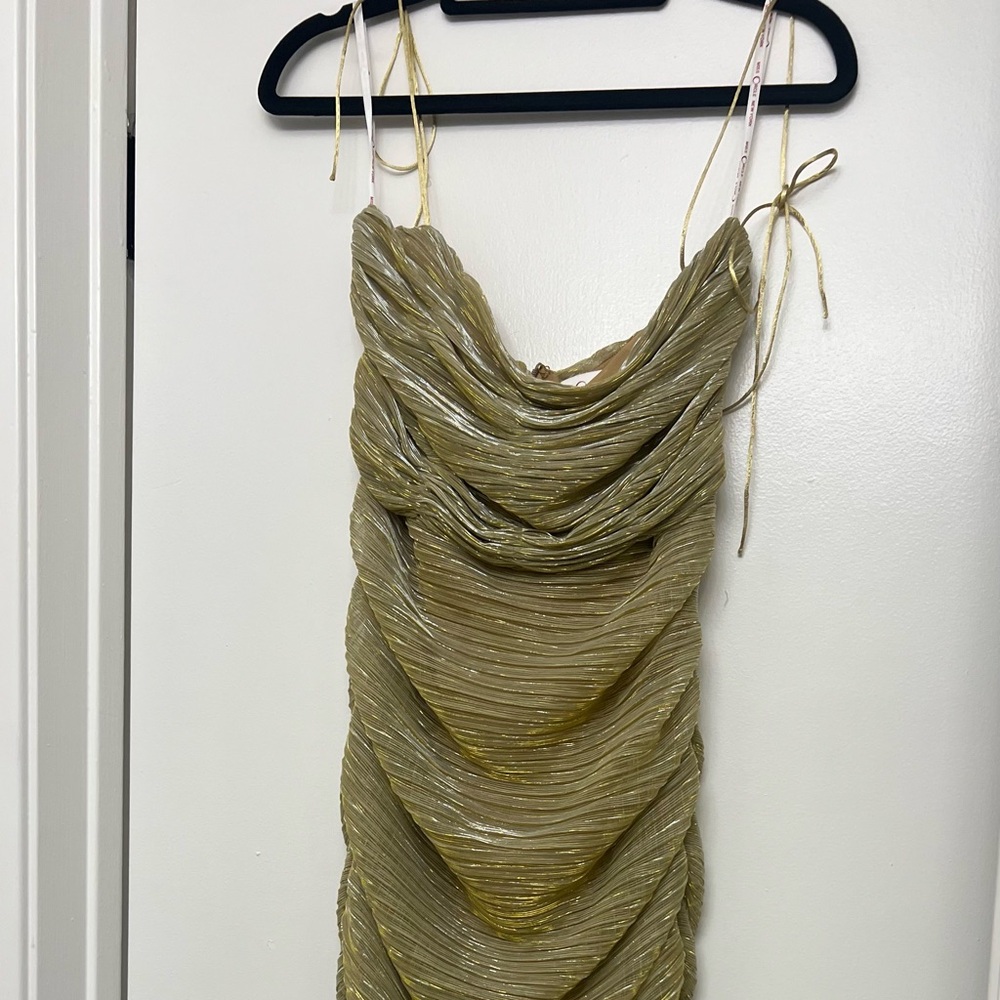 Women's Olive Green Metallic Midi Dress with Draped Cowl Neck